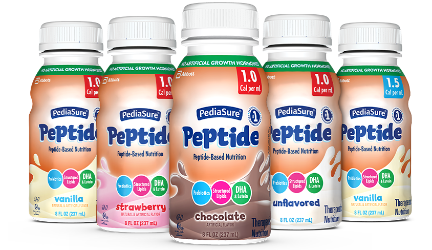 PediaSure Peptide formula products in several different flavors to be used as peptide drinks or tube feeding